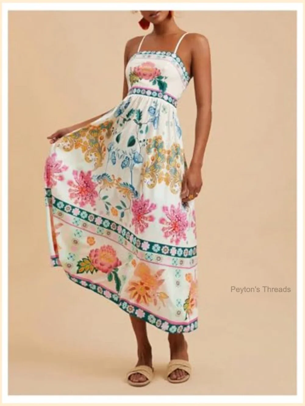 Bohemian Spaghetti Strap Smocked Maxi Dress Flowy Summer Sundress - Picture 6 of 6
